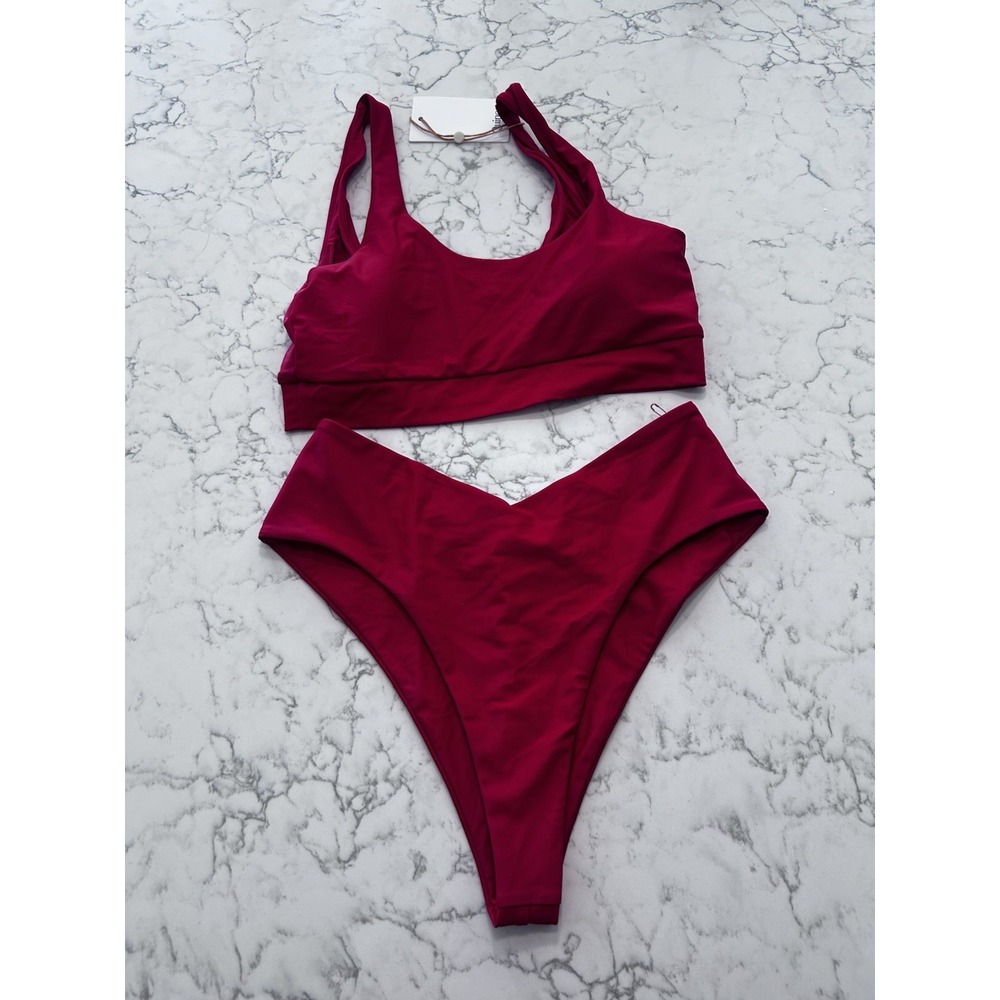 New Quince Cherry Red Italian Tank Bikini Top & V Cut High Leg Bottom Set Medium
